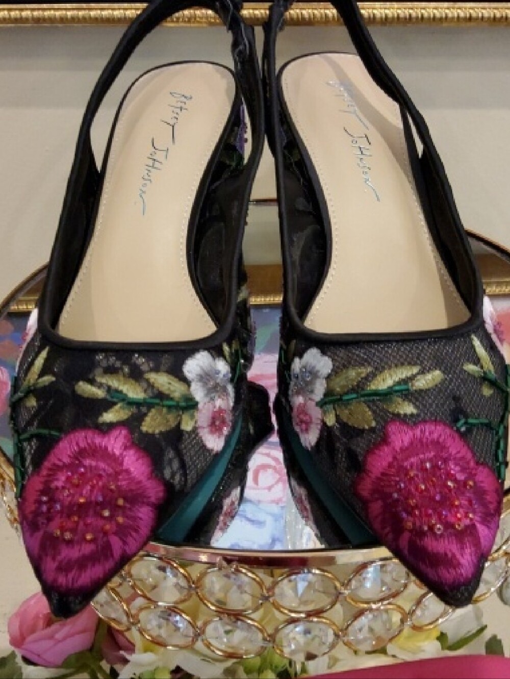 Betsey Johnson Black Mesh Floral Embroidered Slingback Heels with Pink Accents